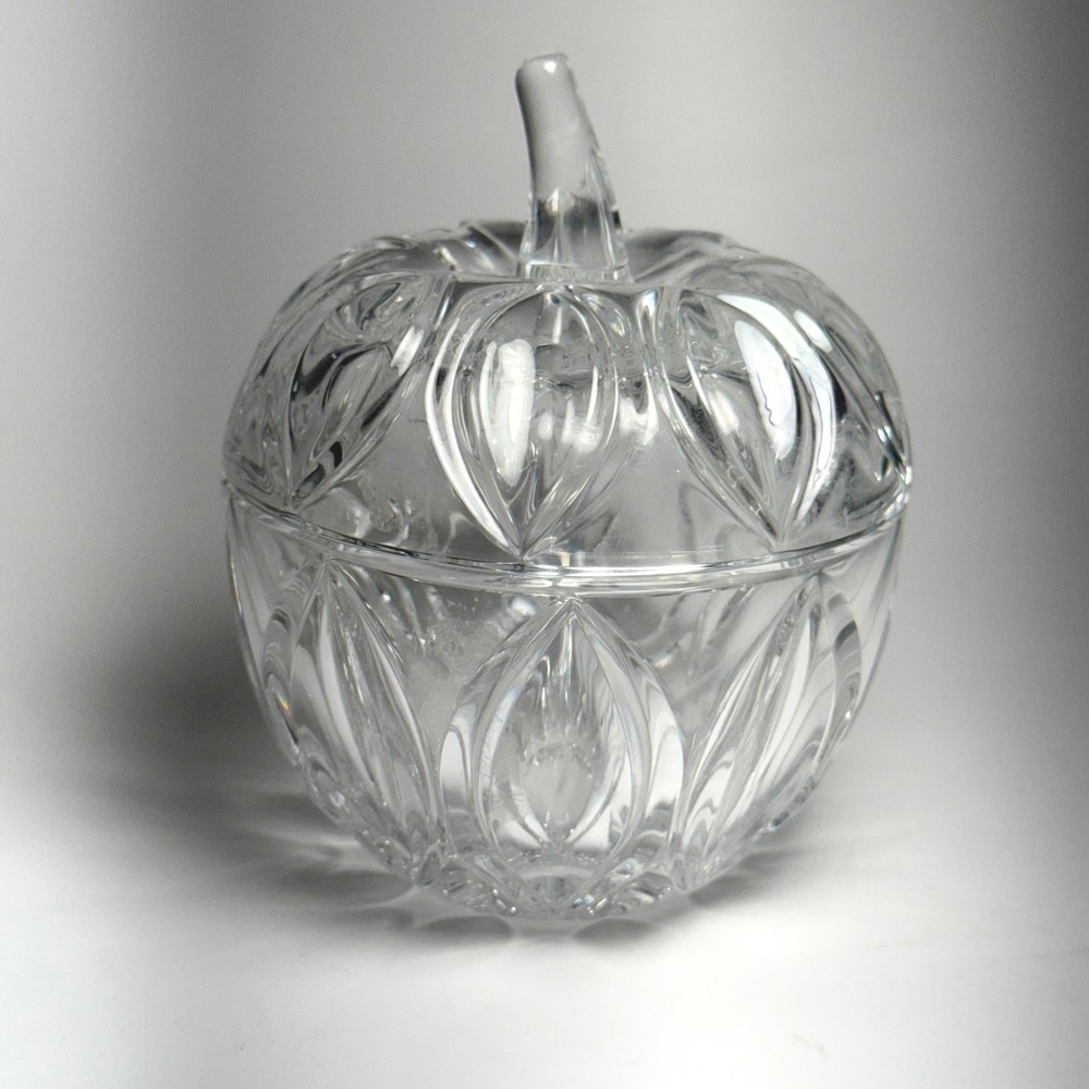 Clear Crystal Apple Candy Dish with Lid Vintage Decorative Tabletop‎ Accent